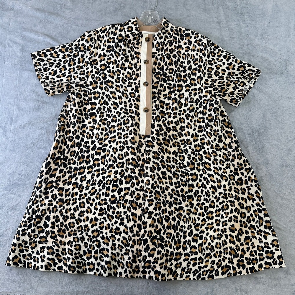 Entro Leopard Print Short Sleeve Mock Neck Button Front Shift Dress Large D26571